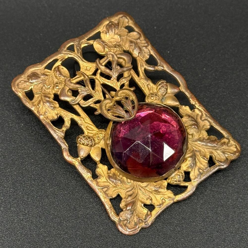 Vintage Art Nouveau Acorn Filigree Sash Pin Brooch Oak Leaf Gold Tone Antique